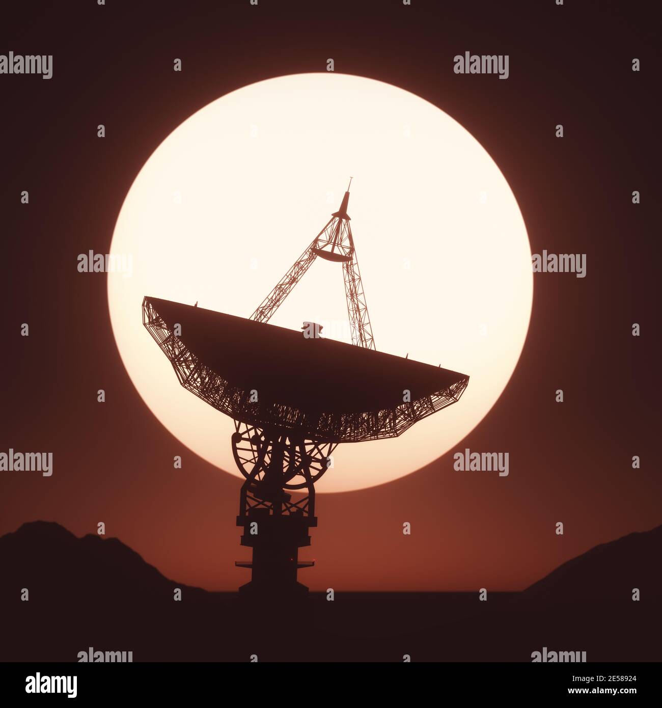 Gigantesca silhouette satellite affacciata sul tramonto. Illustrazione 3D con tracciato di ritaglio incluso. Foto Stock