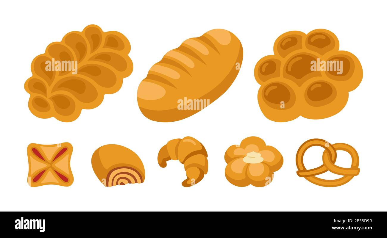 Set di icone di cartone animato Sweet Buns. Prodotti da forno pane pane e bun pretzel di vimini, pasta sfoglia croissant, rotolo. Design menu simbolo panetteria. Elegante icona moderna illustrazione vettoriale Illustrazione Vettoriale