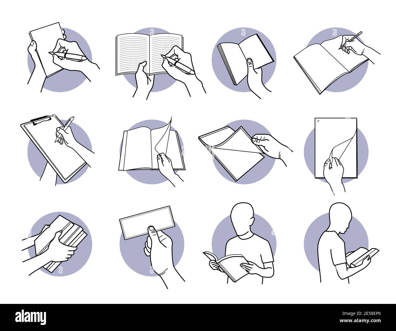 Carta, nota, libro, matita, penna e documenti. Illustrazione vettoriale di scrittura, lettura, disegno, capovolgimento della pagina, controllo del documento e le Illustrazione Vettoriale