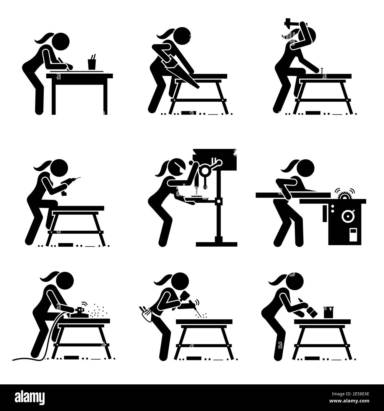 Falegname femminile che fa artigianato in legno con utensili industriali e attrezzature icone figura bastone. Illustrazioni vettoriali di una donna abile che lavora in una bacchetta Illustrazione Vettoriale