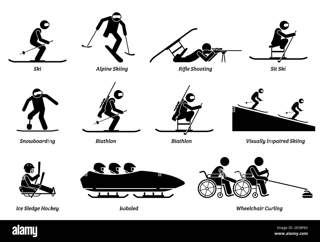 Sport invernali disabili e giochi per atleta handicappato bastone figure icone. Simboli vettoriali di sci, snowboard, biathlon, hockey su slitta su ghiaccio, e. Illustrazione Vettoriale