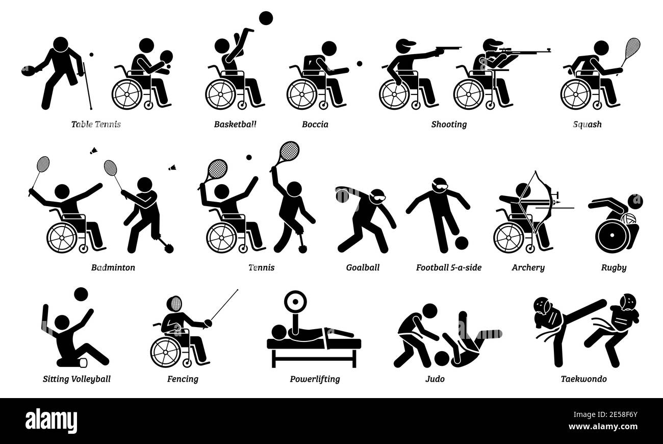 Sport indoor disabili e giochi per atleta disabili Stick figure icone. Segni vettoriali e simboli di sport competitivi per persone con disabiliti Illustrazione Vettoriale