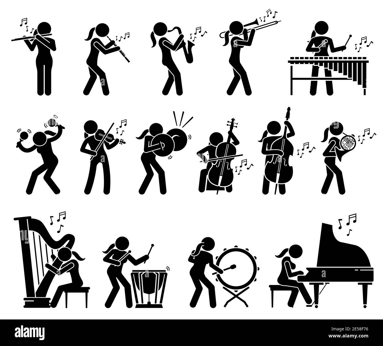 Musicista femminile che suona musica con strumenti musicali e icone di bastoni a percussione. Illustrazioni vettoriali di donna che suona tromba, oboe, saxoph Illustrazione Vettoriale