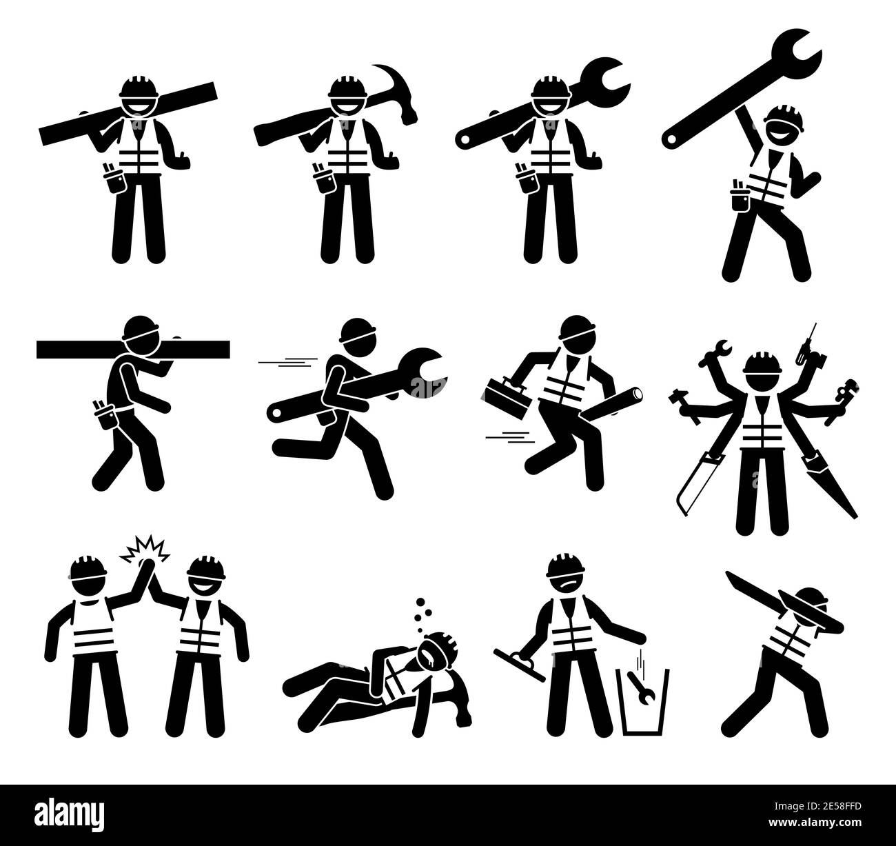 Set di icone per i lavoratori edili e i maniacei. Illustrazioni vettoriali di personaggi industriali con strumenti e attrezzature per costruire, REP Illustrazione Vettoriale