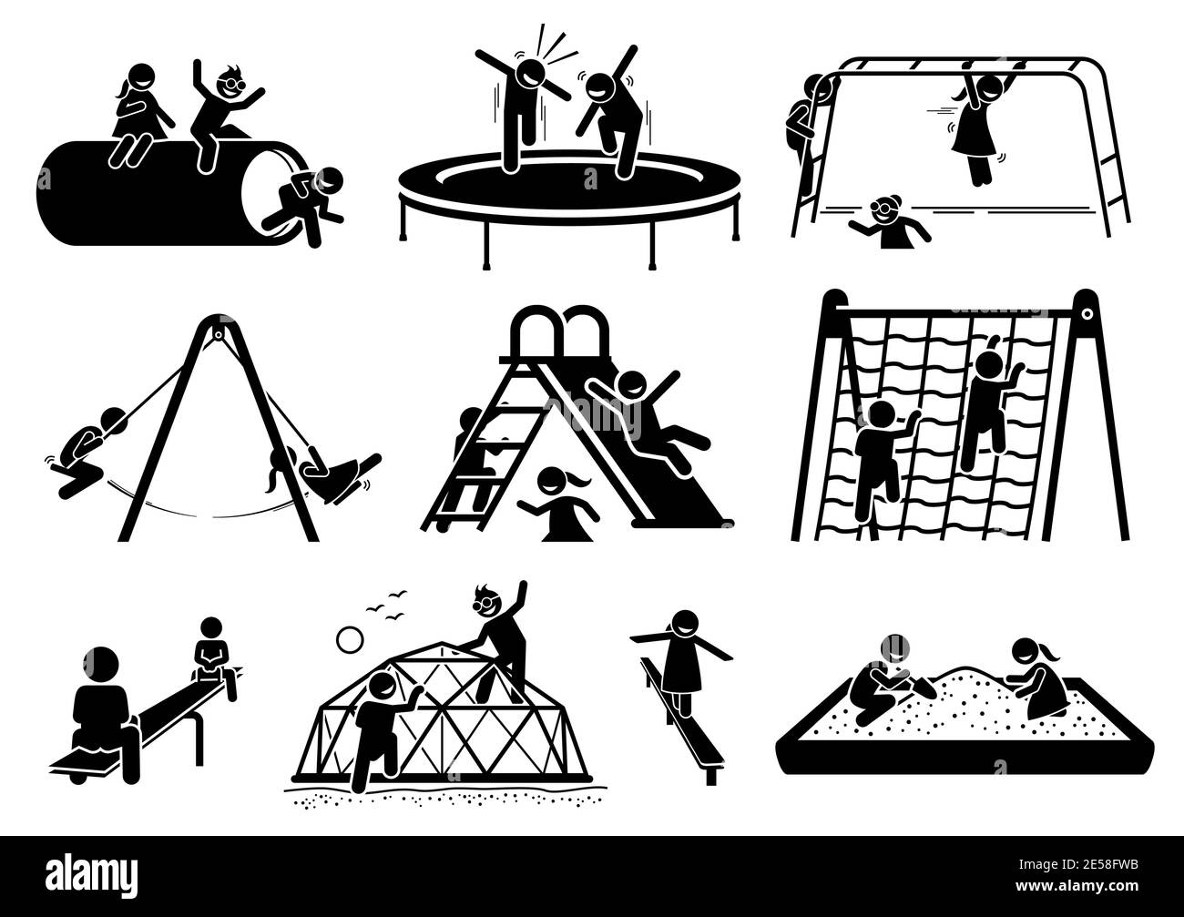 I bambini attivi che giocano nel parco giochi sono icone di figure di bastoni. Illustrazioni vettoriali di bambini che giocano trampolino, scimmia barra, swing, scivolo, rete di arrampicata, se Illustrazione Vettoriale