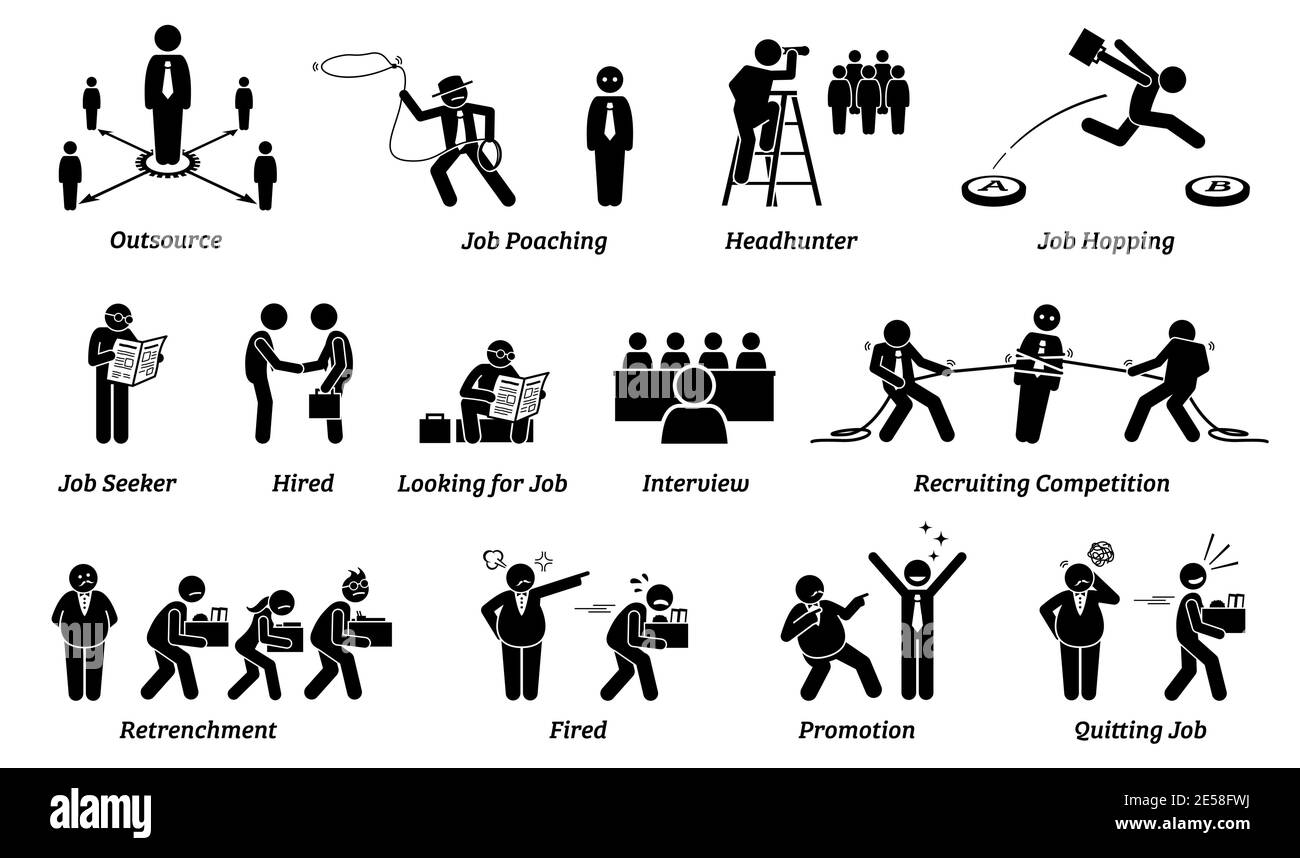 Set di icone di carriera e occupazione. Illustrazioni vettoriali concetto di persone in cerca di lavoro, reclutatori alla ricerca di talento, e datore di lavoro con impiego Illustrazione Vettoriale