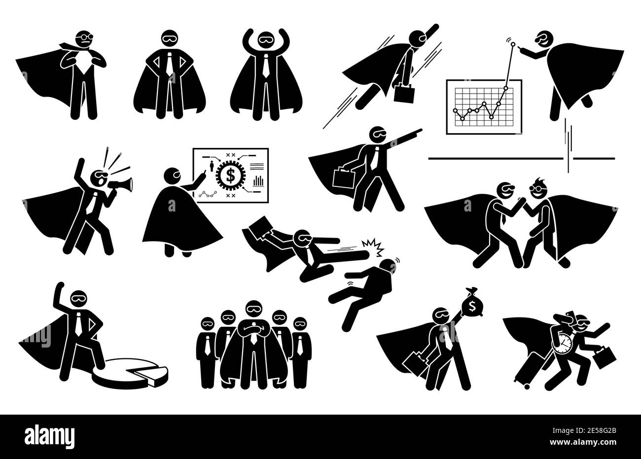 Set di icone Super businessman. Illustrazioni vettoriali di supereroe lavoratore di affari che ha successo in azienda. Illustrazione Vettoriale