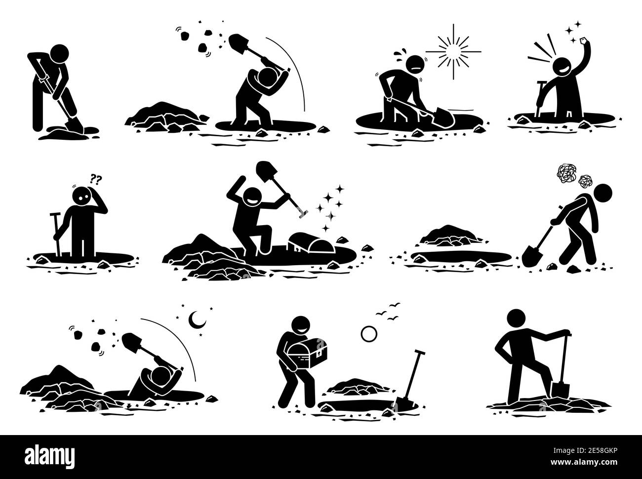 Bastone Figura uomo scavo foro. Illustrazioni vettoriali di un buco di scavo stickman, trovato tesoro d'oro, seppellire cassa, e deluso perché non trova Illustrazione Vettoriale