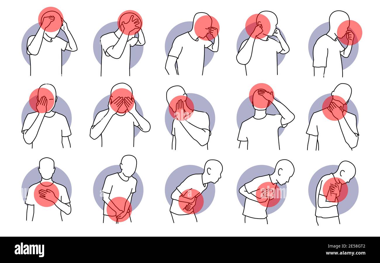 Dolore, stress e malattia sull'uomo. Illustrazioni vettoriali di mal di testa, dolore oculare, mal di gola, costrizione toracica e problemi addominali. Sintomi di healt Illustrazione Vettoriale