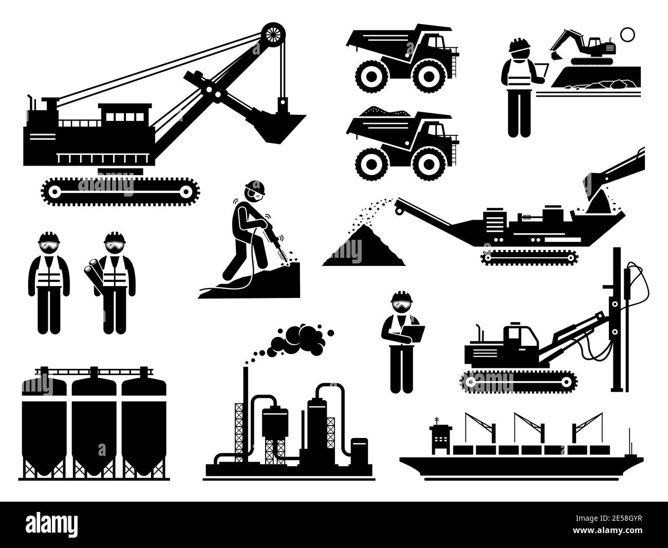 Set di icone per i lavoratori delle cave minerarie e i macchinari pesanti. Illustrazioni vettoriali di ingegneri, escavatori, dumper, infrastrutture di impianti minerari. Illustrazione Vettoriale