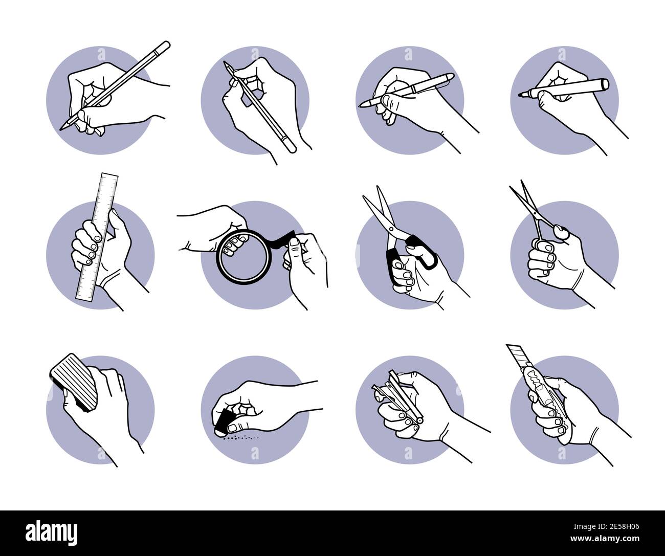 Utilizzo manuale di attrezzi e attrezzature per cancelleria. Illustrazioni vettoriali di scrittura con penna e pennarello, disegno con matita, taglio con forbici e lama, e Illustrazione Vettoriale