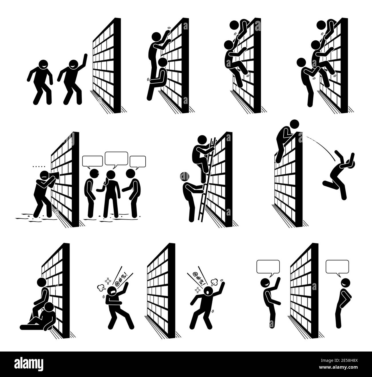 Persone con un bastone da parete figure pittogramma icone. Illustrazione vettoriale di persone che si arrampicano su un muro e che si levano sull'altro lato del muro. Illustrazione Vettoriale