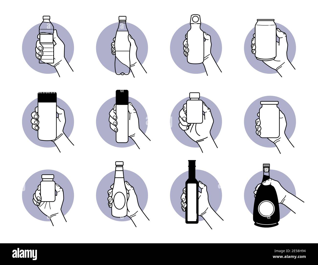 Porta a mano diversi tipi di bottiglie per bevande e bevande. Illustrazione vettoriale del flacone di plastica, del pallone di alluminio, della lattina, del pisello Illustrazione Vettoriale