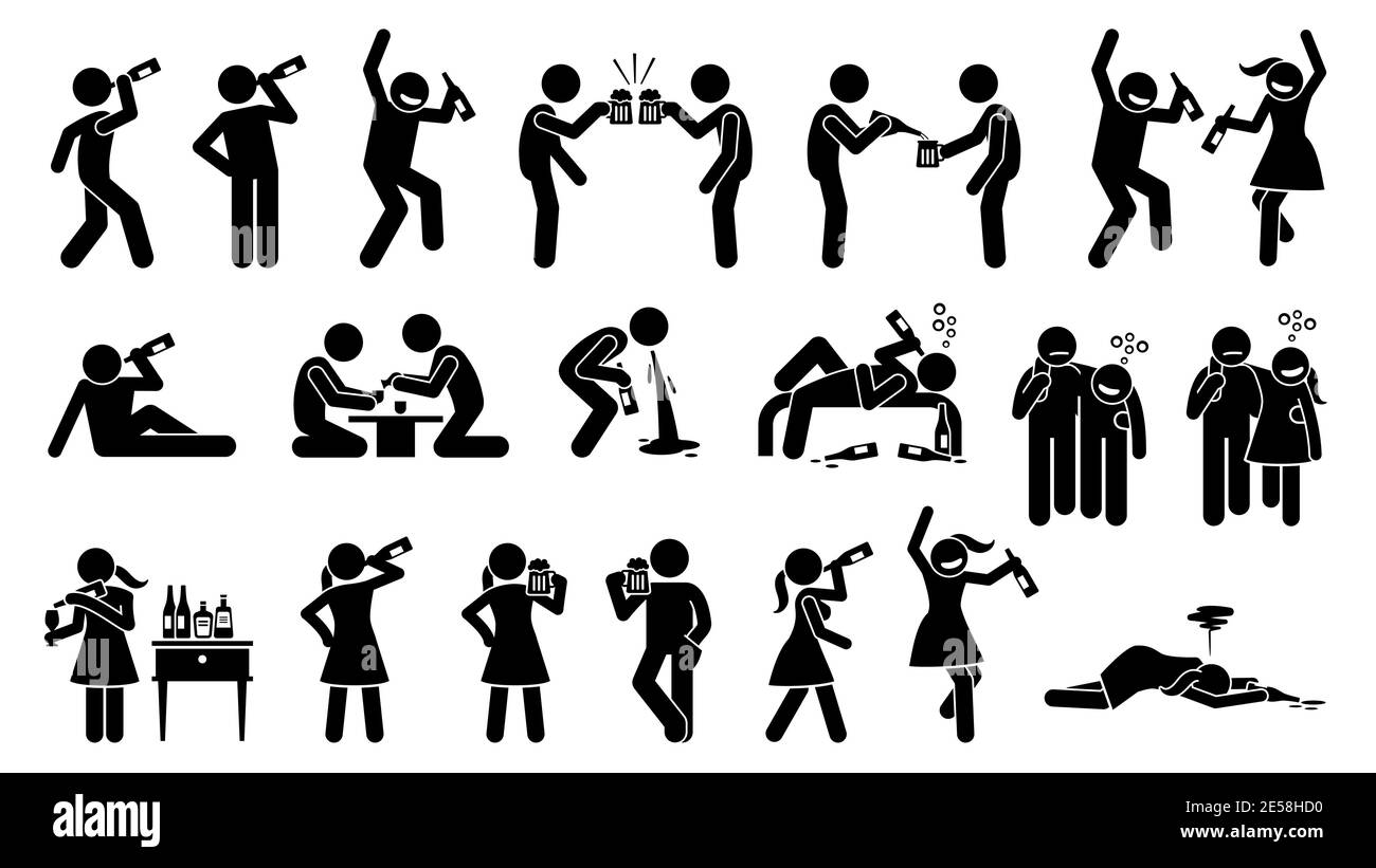 Alcolico uomo e donna bere booze fino a ubriaco. Illustrazioni vettoriali di ubriachezza e intossicazione alcolica da birra, vino, whisky e liq duro Illustrazione Vettoriale