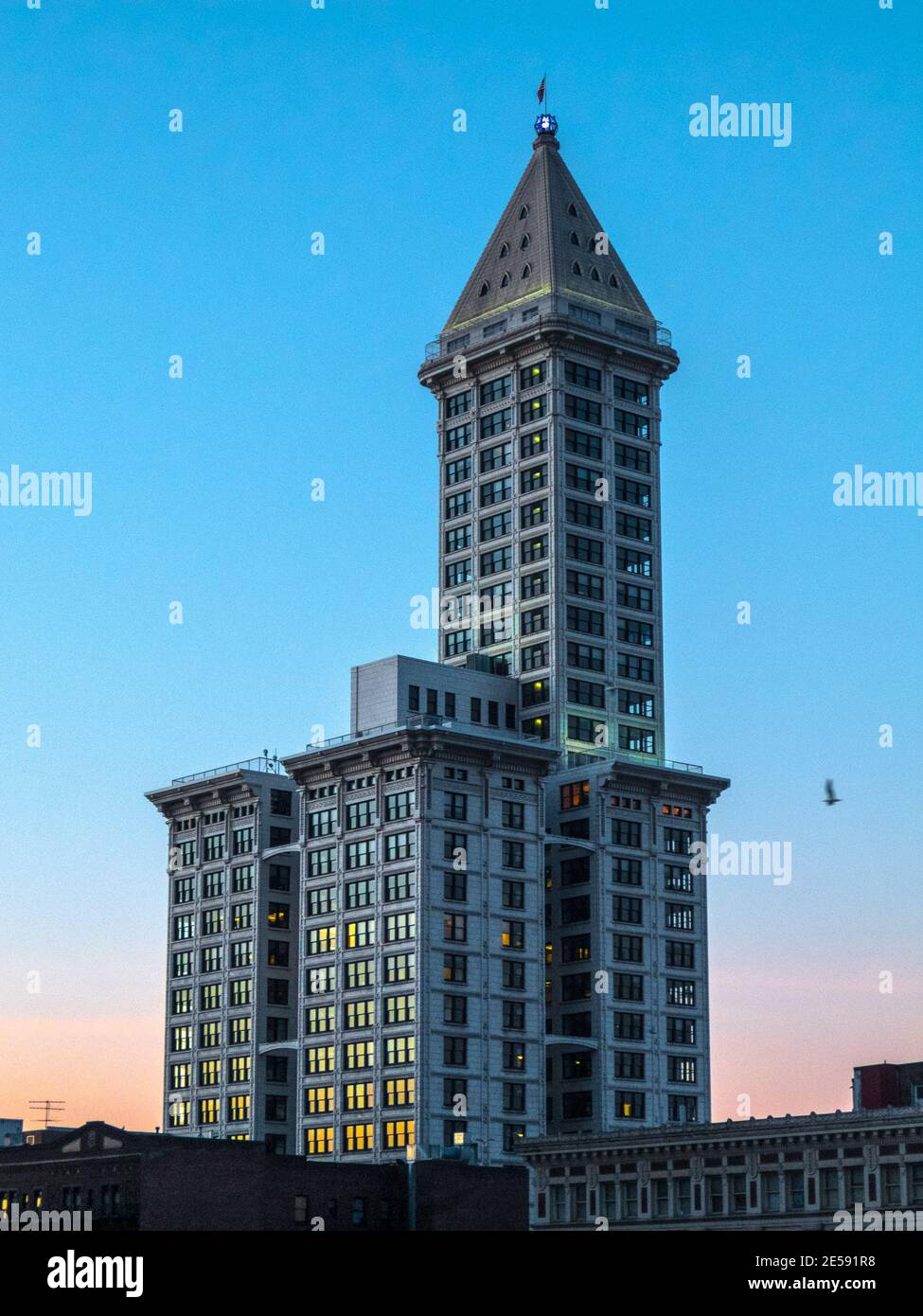 Lo Smith Tower Scyscraper di Seattle è stato il quarto edificio più alto del mondo quando è stato aperto al pubblico nel 1914. Foto Stock