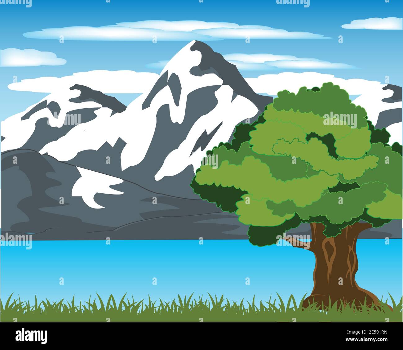 Cime di montagna coperte di neve e lago pulito Illustrazione Vettoriale