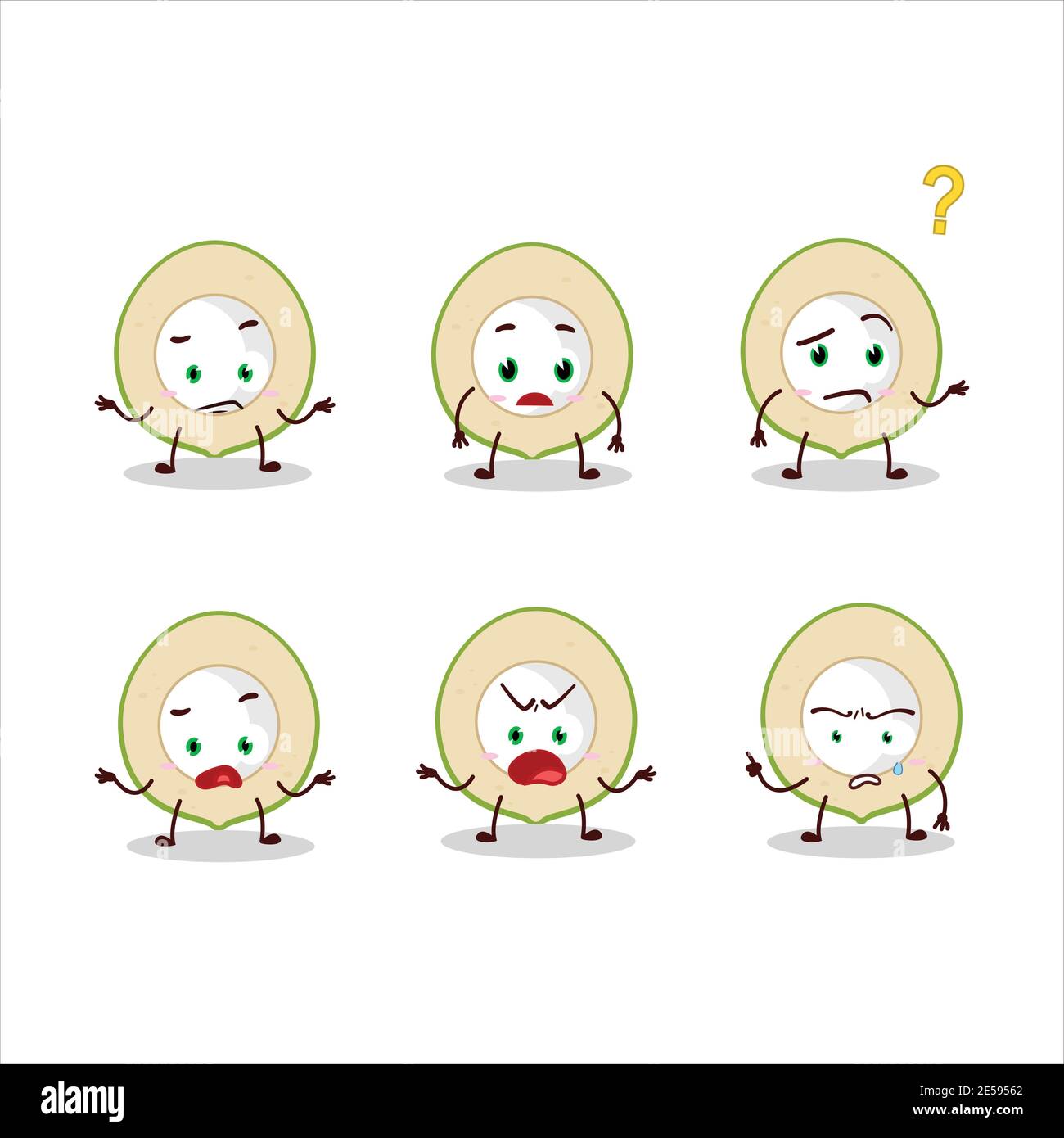 Carattere cartoon di fetta di cocco verde con che espressione. Illustrazione vettoriale Illustrazione Vettoriale
