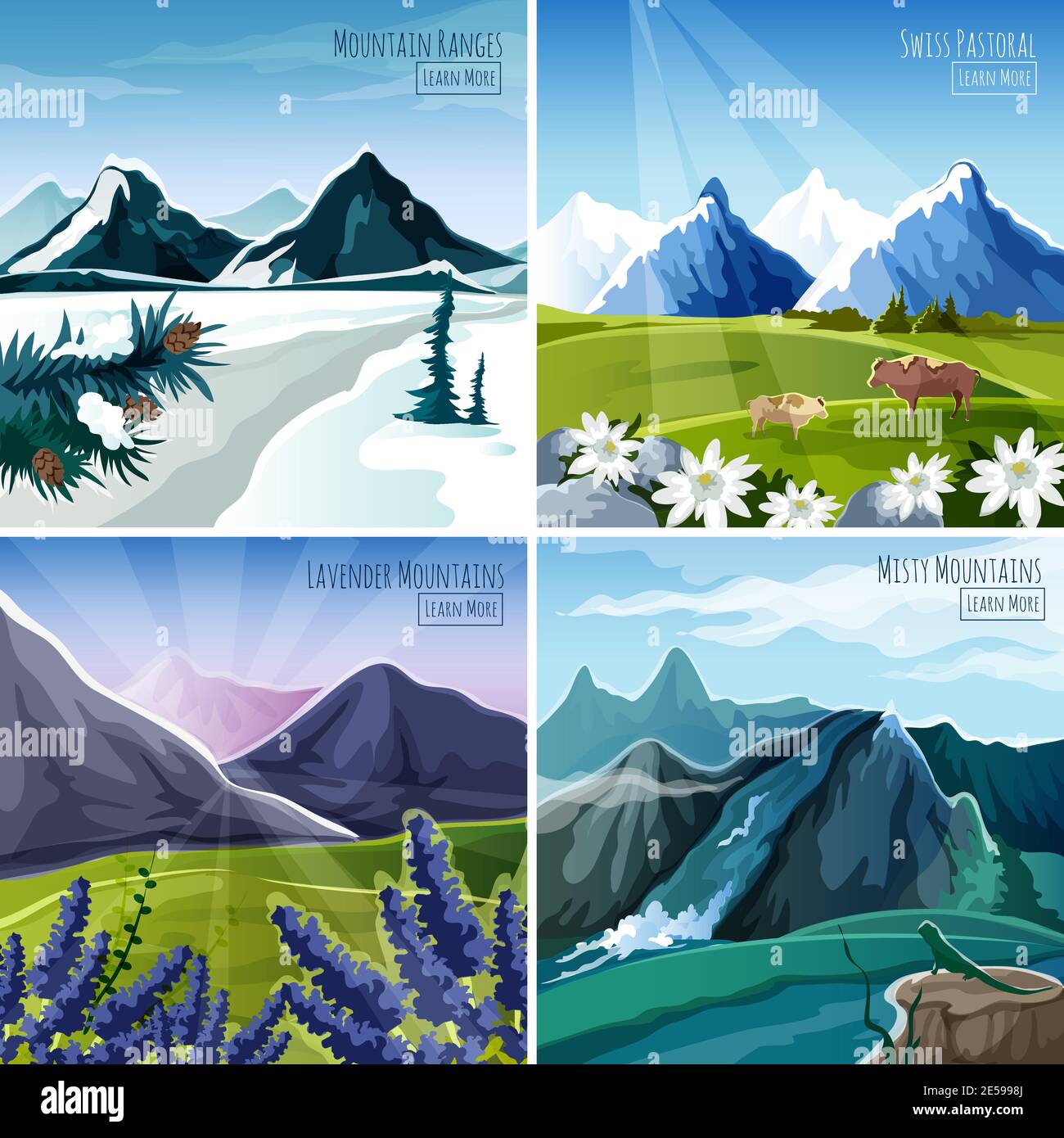 Set di concetto di design dei paesaggi montani con icone di fiori e animali illustrazione vettoriale isolata Illustrazione Vettoriale