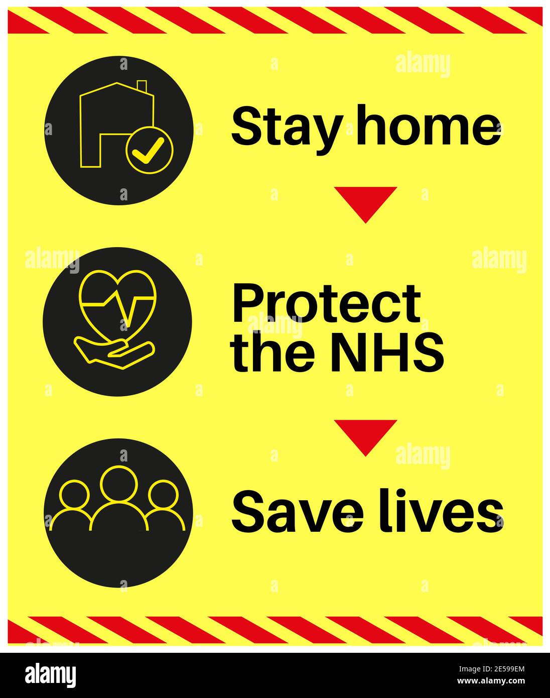 Rimani a casa, proteggi l'NHS e salva i segni di informazioni sulla vita su uno sfondo giallo Illustrazione Vettoriale