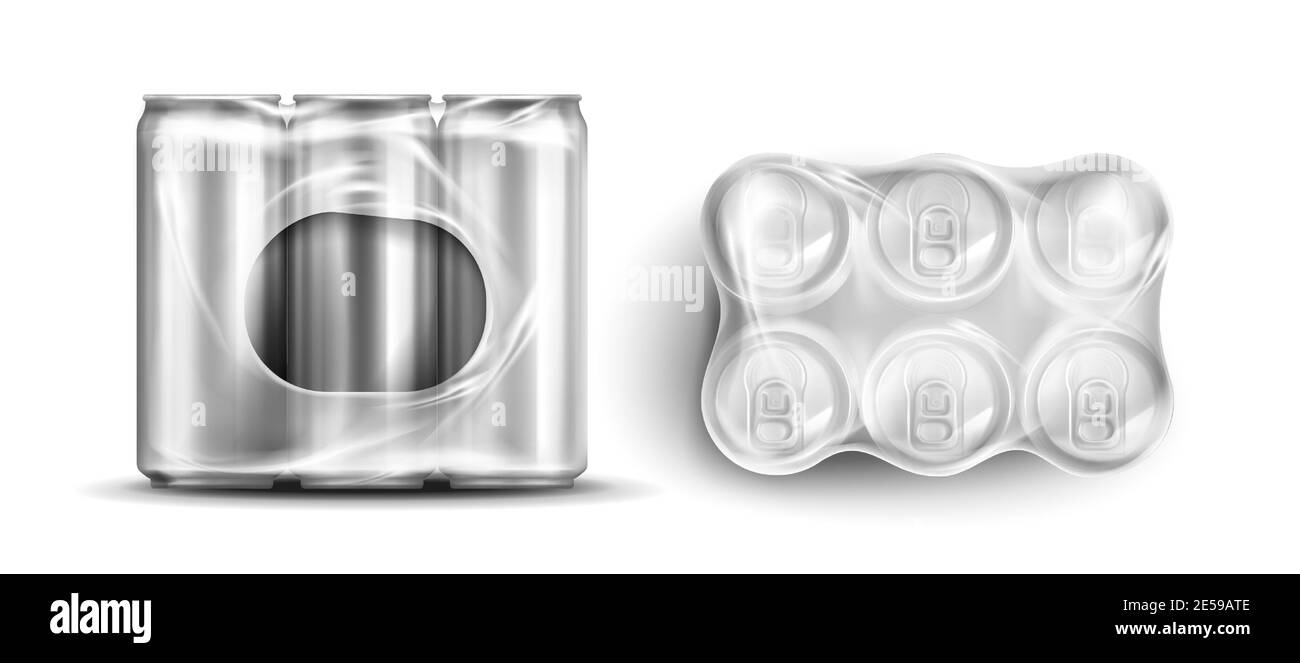 Lattine di stagno in involucro di plastica, sei vasi di soda o di birra in metallo vista frontale e dall'alto. Barattoli di alluminio cilindrici in confezione trasparente, bottiglie di bevande fredde isolate su sfondo bianco, mockup vettoriale 3d realistico Illustrazione Vettoriale