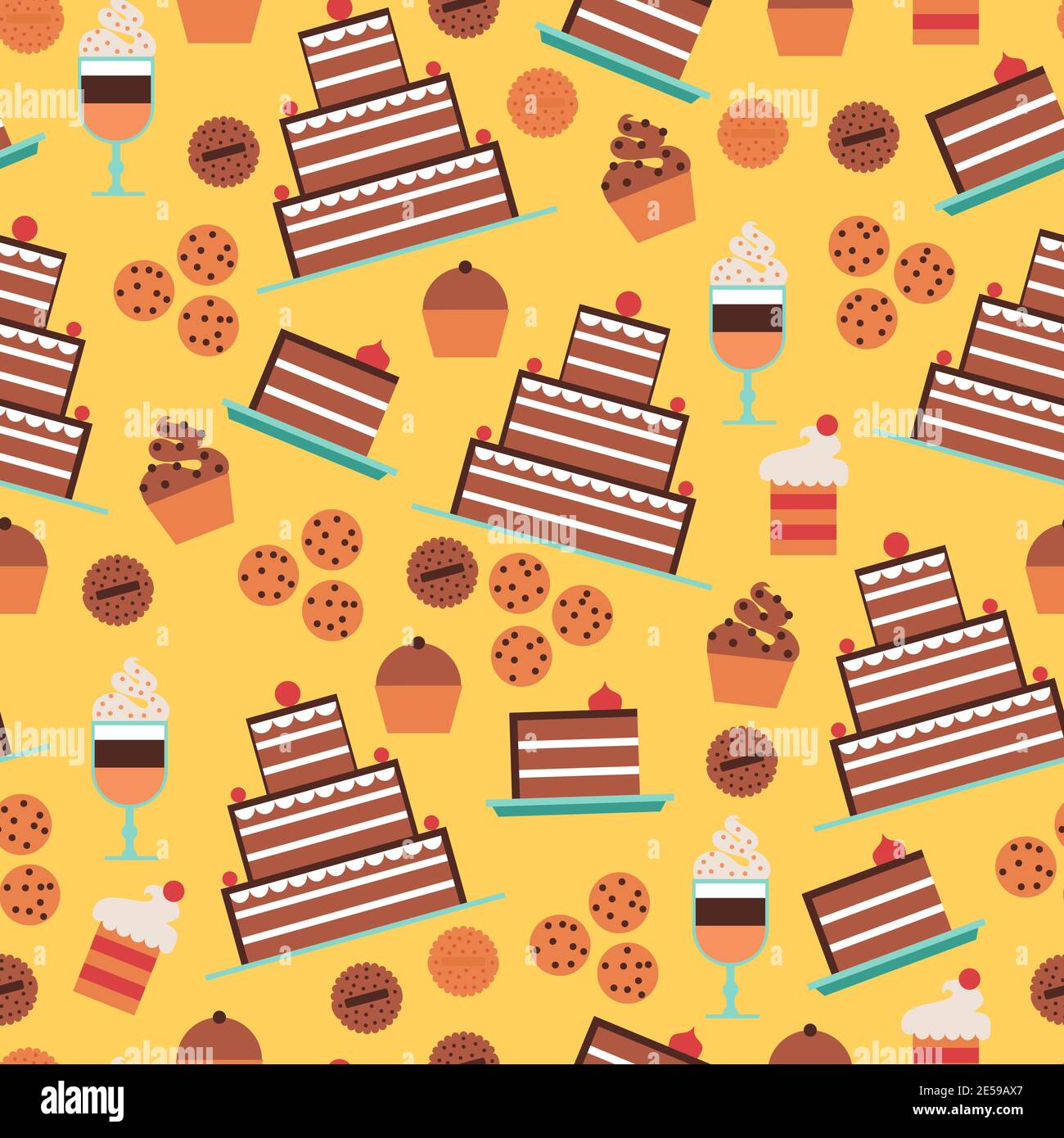 Pasticceria e torte a motivo senza cuciture con dessert e biscotti immagine vettoriale piatta su sfondo giallo Illustrazione Vettoriale