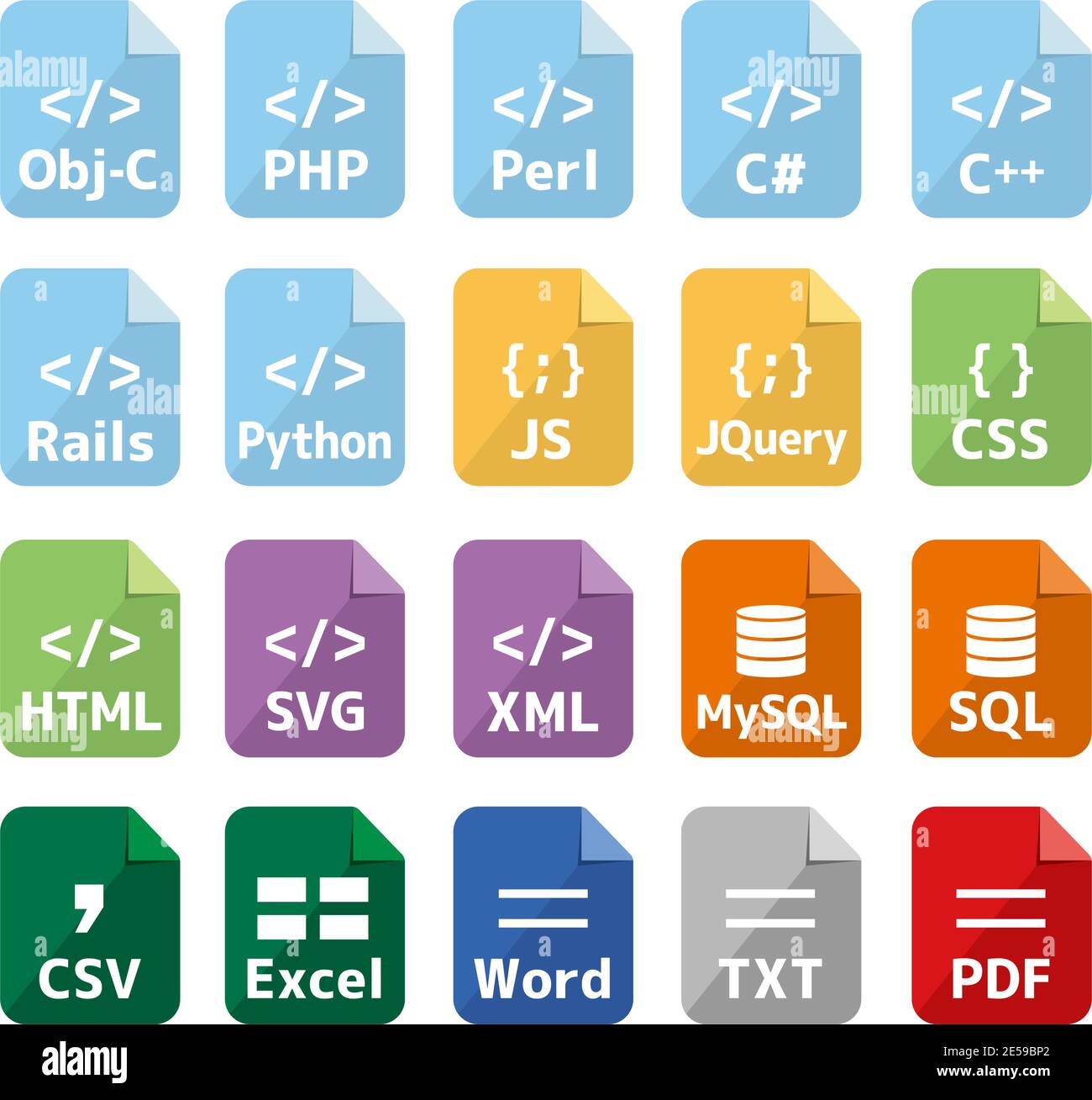 Principali linguaggi di programmazione e formati di file insieme di icone vettoriali ( versione a colori ) Illustrazione Vettoriale