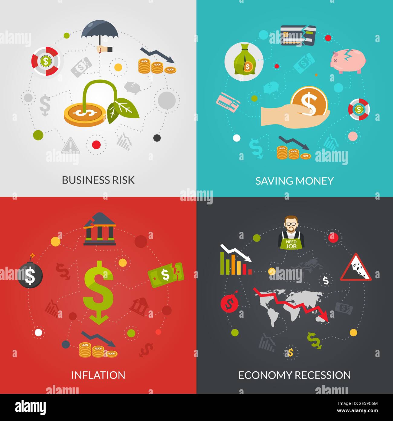 Crisi finanziaria 4 flat icone composizione poster con inflazione e. recessione rischi di business astratto isolato vettore illustrazione Illustrazione Vettoriale