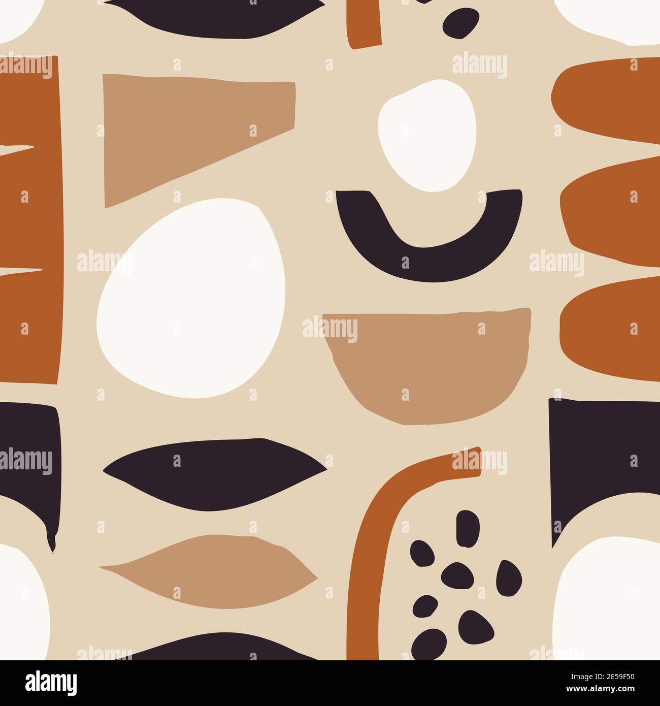 Pattern ripetitivo senza cuciture con forme geometriche astratte in marrone chiaro, beige, crema e nero. Carta da parati alla moda ed elegante, tessuto, branding e. Illustrazione Vettoriale