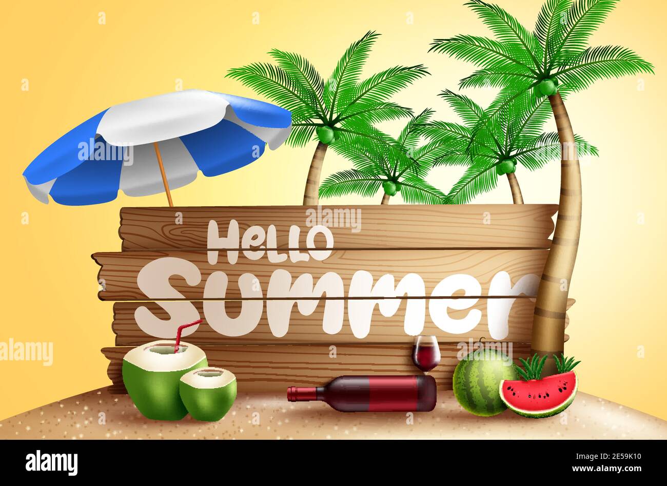 Ciao sfondo banner vettoriale estate. Ciao estate testo in tela di legno con elemento palme per il divertimento e godere isola vacanza spiaggia design vacanza. Illustrazione Vettoriale