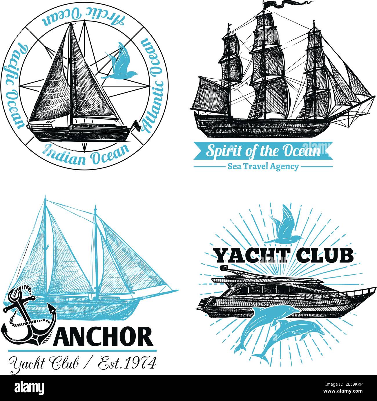 Etichette marine con navi a vela disegnate a mano e crociera illustrazione vettoriale isolata da yacht Illustrazione Vettoriale
