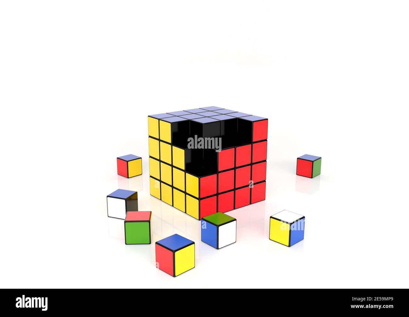 Pezzi di Cubo di Rubik per la risoluzione dei problemi su sfondo nero Rendering 3D Foto Stock