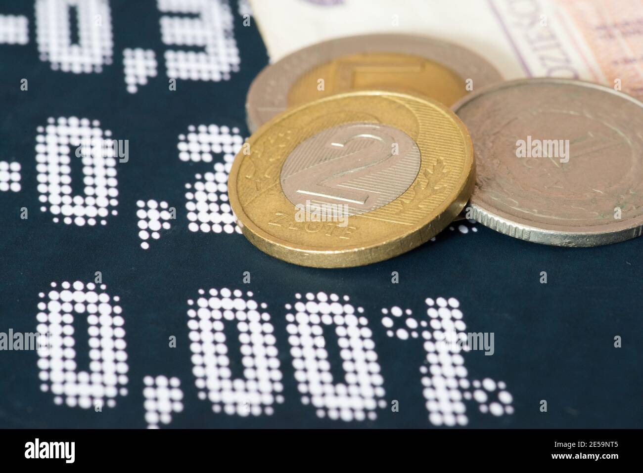 Banconote e banconote e monete in euro PLN zloty polacco Foto Stock