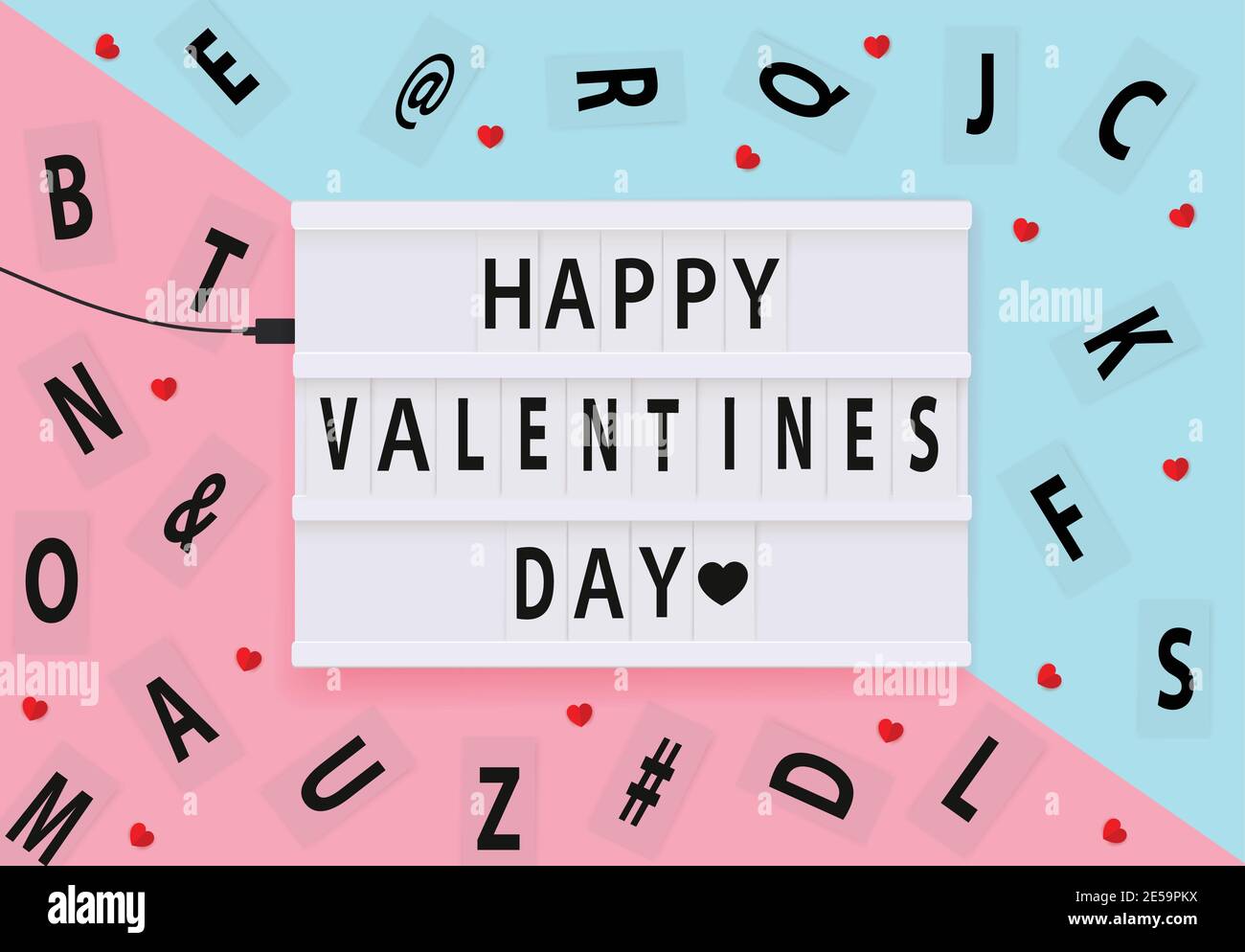Felice illustrazione vettoriale del giorno valentino su sfondo rosa e blu. Buon giorno di San Valentino testo. Banner di San Valentino con scatola luminosa, lettere e cuore Illustrazione Vettoriale
