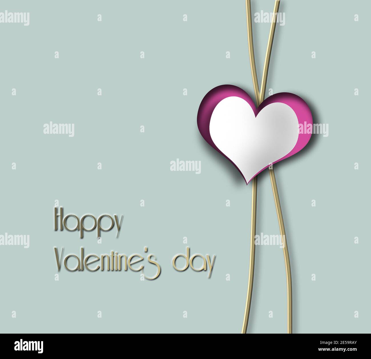 Design d'amore minimalista, saluto di San Valentino. Cuore su due linee d'oro, ti amerò sempre simbolo su sfondo verde pastello. Texte sur Happy Valentines Foto Stock