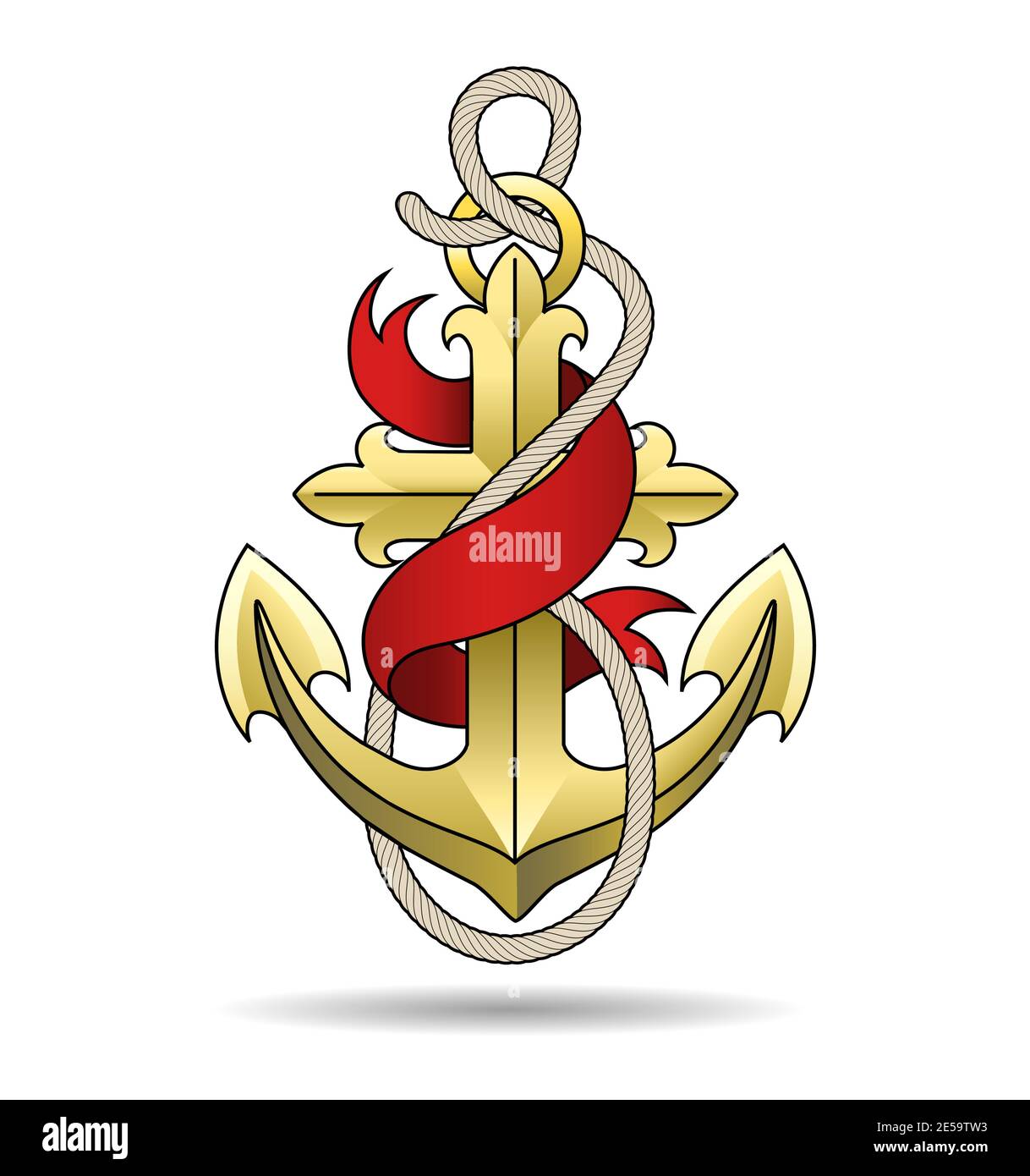 Ancoraggio d'oro con nastro rosso e corde. Tatuaggio marino modello isolato su bianco. Illustrazione vettoriale Illustrazione Vettoriale