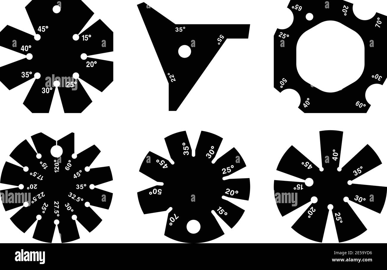 Set di icone di smusso e di indicatore dell'angolo. Attrezzi manuali. Vettore silhouette Illustrazione Vettoriale