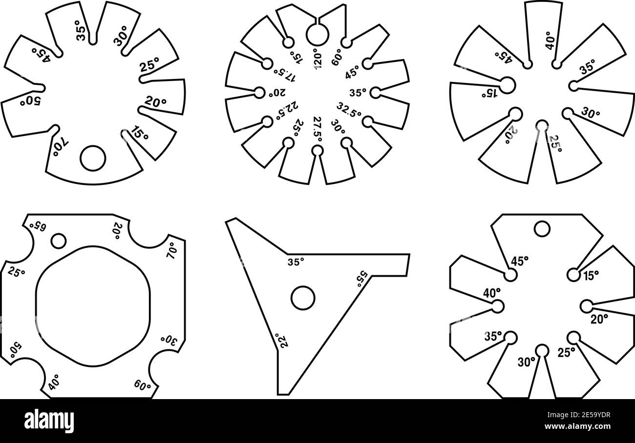 Set di icone di smusso e di indicatore dell'angolo. Attrezzi manuali. Vettore di linea sottile Illustrazione Vettoriale