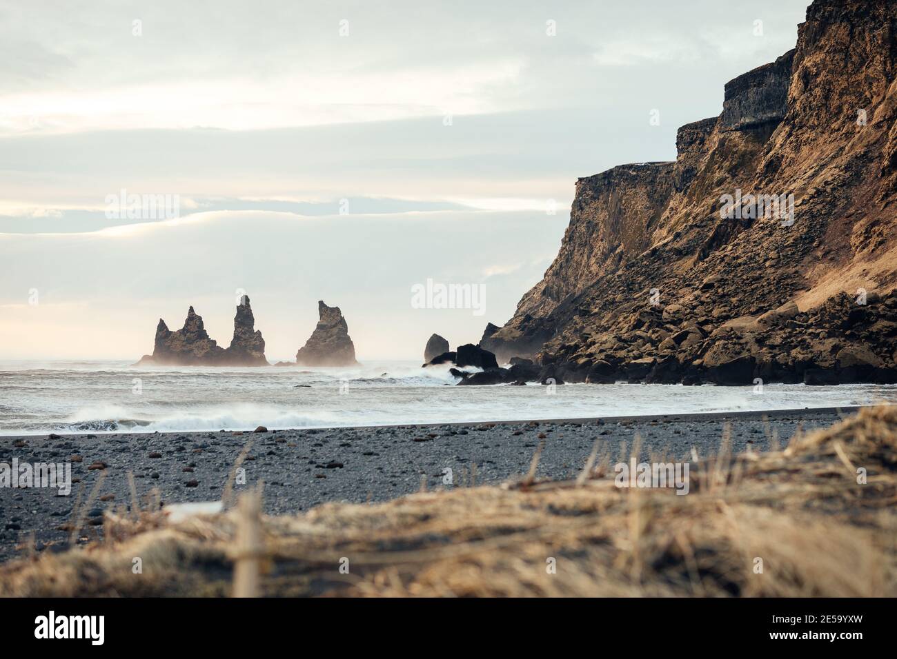 Reynisdrangar vista in inverno a Vik, Islanda Foto Stock