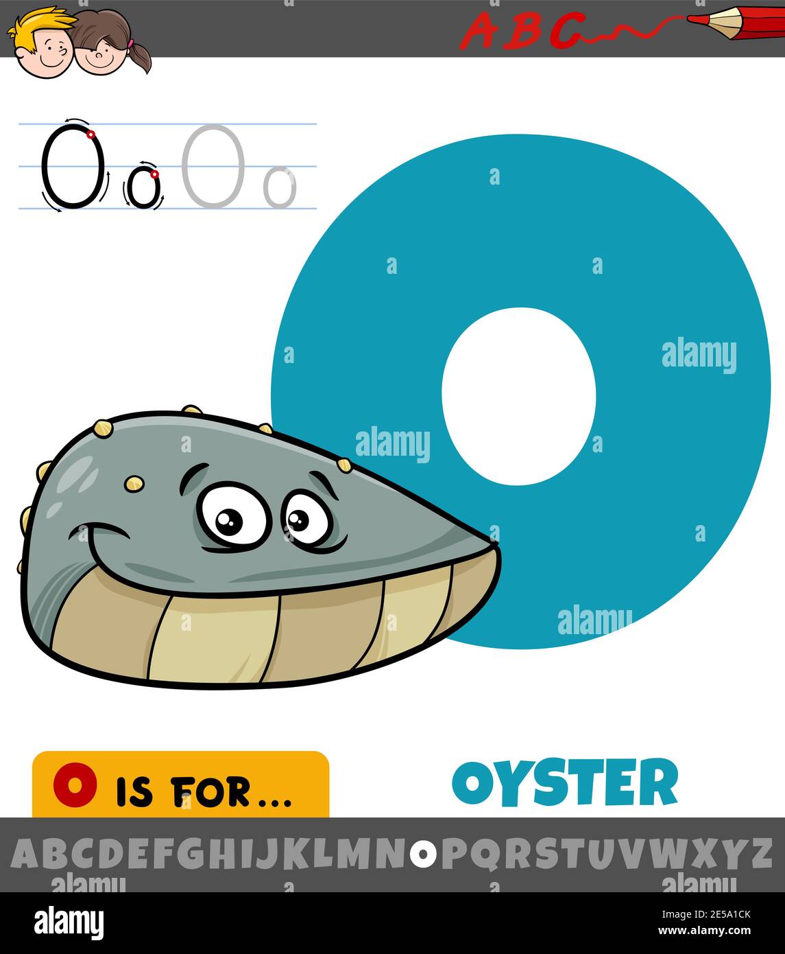 Cartoon educativo illustrazione della lettera o da alfabeto con ostrica carattere animale per bambini Illustrazione Vettoriale
