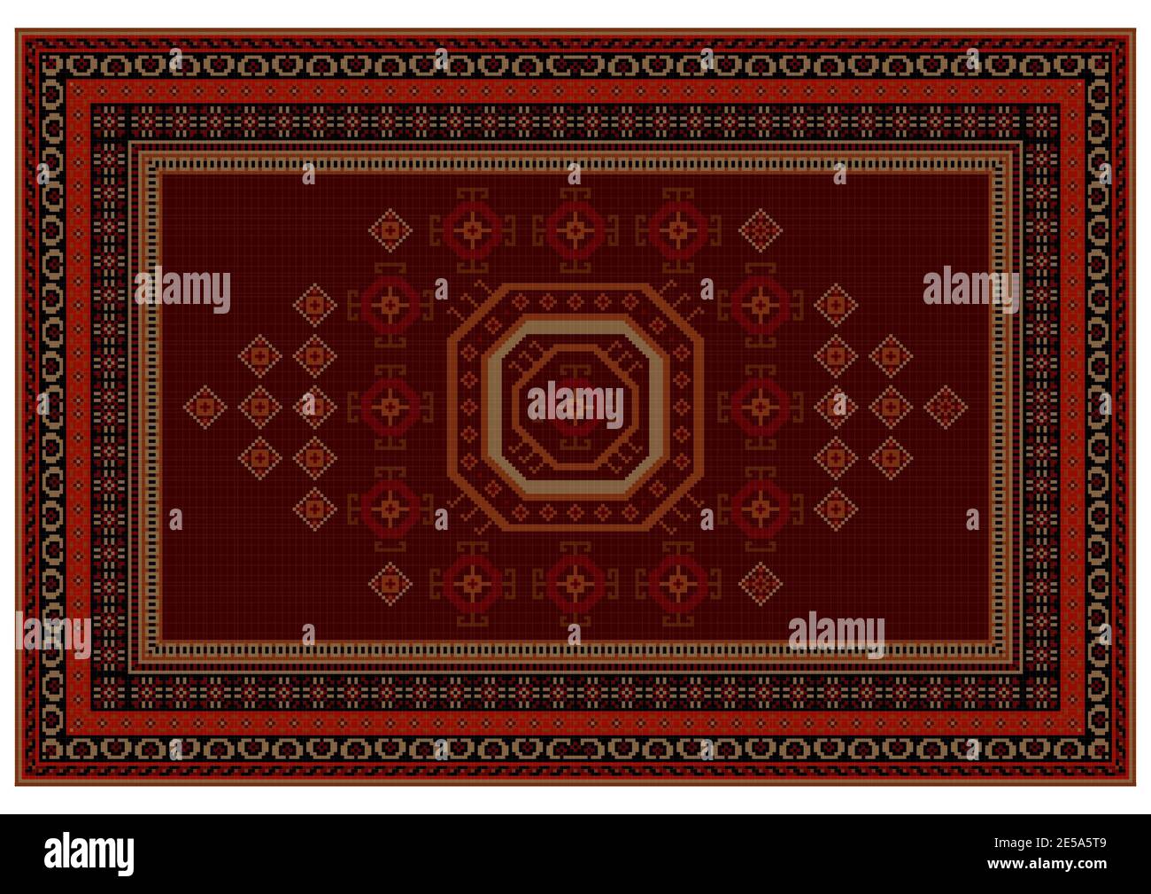 Tappeto di lusso con ornamenti vintage in tonalità di marrone con motivi rossi, gialli e neri sui bordi e al centro su sfondo bianco Foto Stock