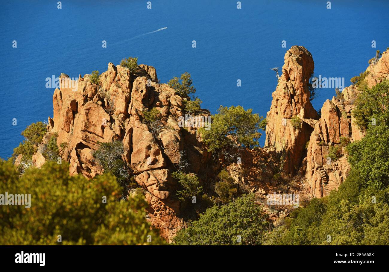 Formazione rocciosa bizzarra Calanche de piana, Francia, Corsica, piana Foto Stock
