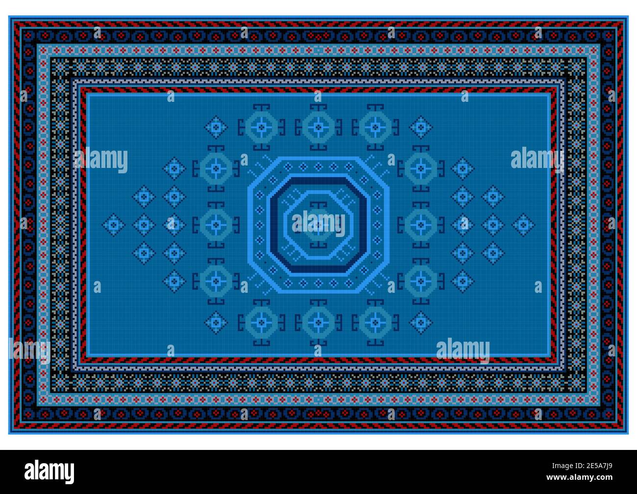 Tappeto vintage in tonalità blu con motivi etnici di blu scuro, rosso, beige e nero al centro e ai lati su sfondo bianco Foto Stock