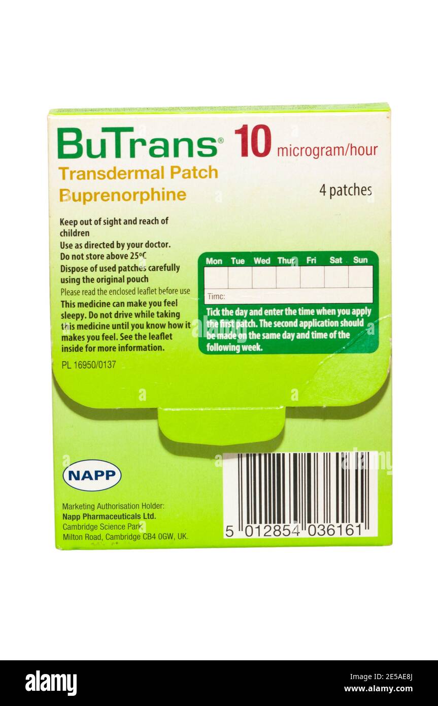 Confezione Confezione scatola di Napp Butrans cerotto transdermico Buprenorfina 10 Cerotti per microgrammi/ora Foto Stock