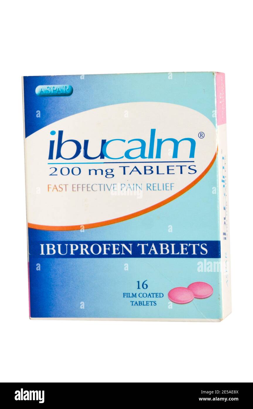 Confezione Confezione scatola di compresse di Ibucalm 200mg di Ibuprofen Foto Stock