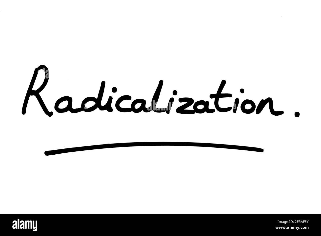 Radicalizzazione, scritta a mano su sfondo bianco. Foto Stock