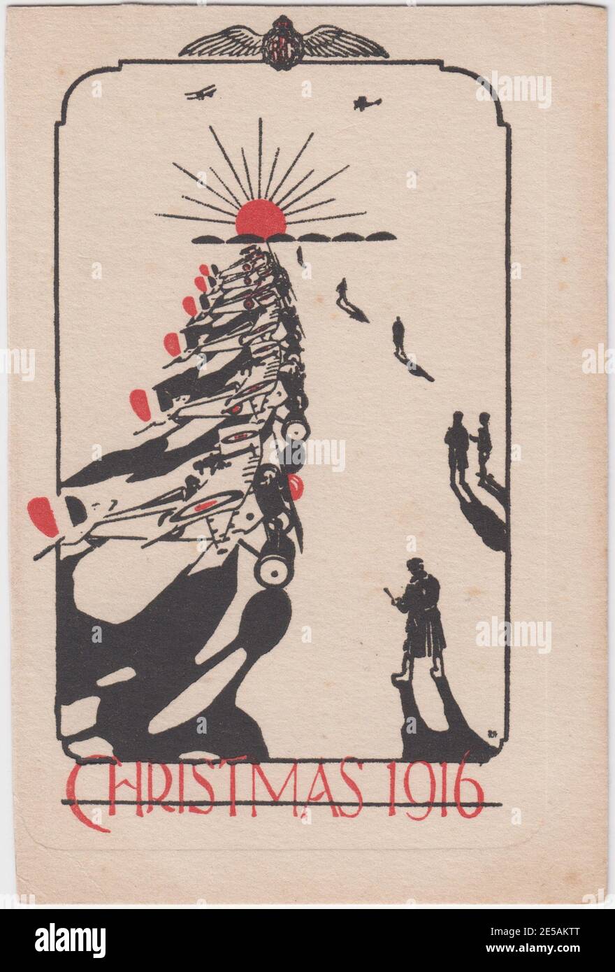 Royal Flying Corps prima carta di Natale della Guerra Mondiale per il 1916. L'immagine include la cresta RFC nella parte superiore e mostra una linea di aeroplani che conduce a un tramonto dietro sei staffe. Sei figure - il personale RFC - sono su un lato, controllando i quaderni, guardando gli aerei e camminando via. Foto Stock