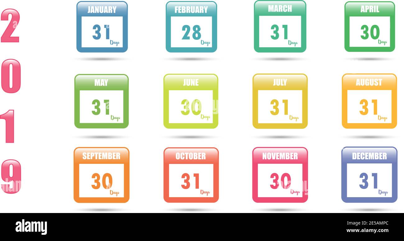 Calendario vettoriale colorato per 2019 con il numero di giorni in un mese. Illustrazione vettoriale Illustrazione Vettoriale