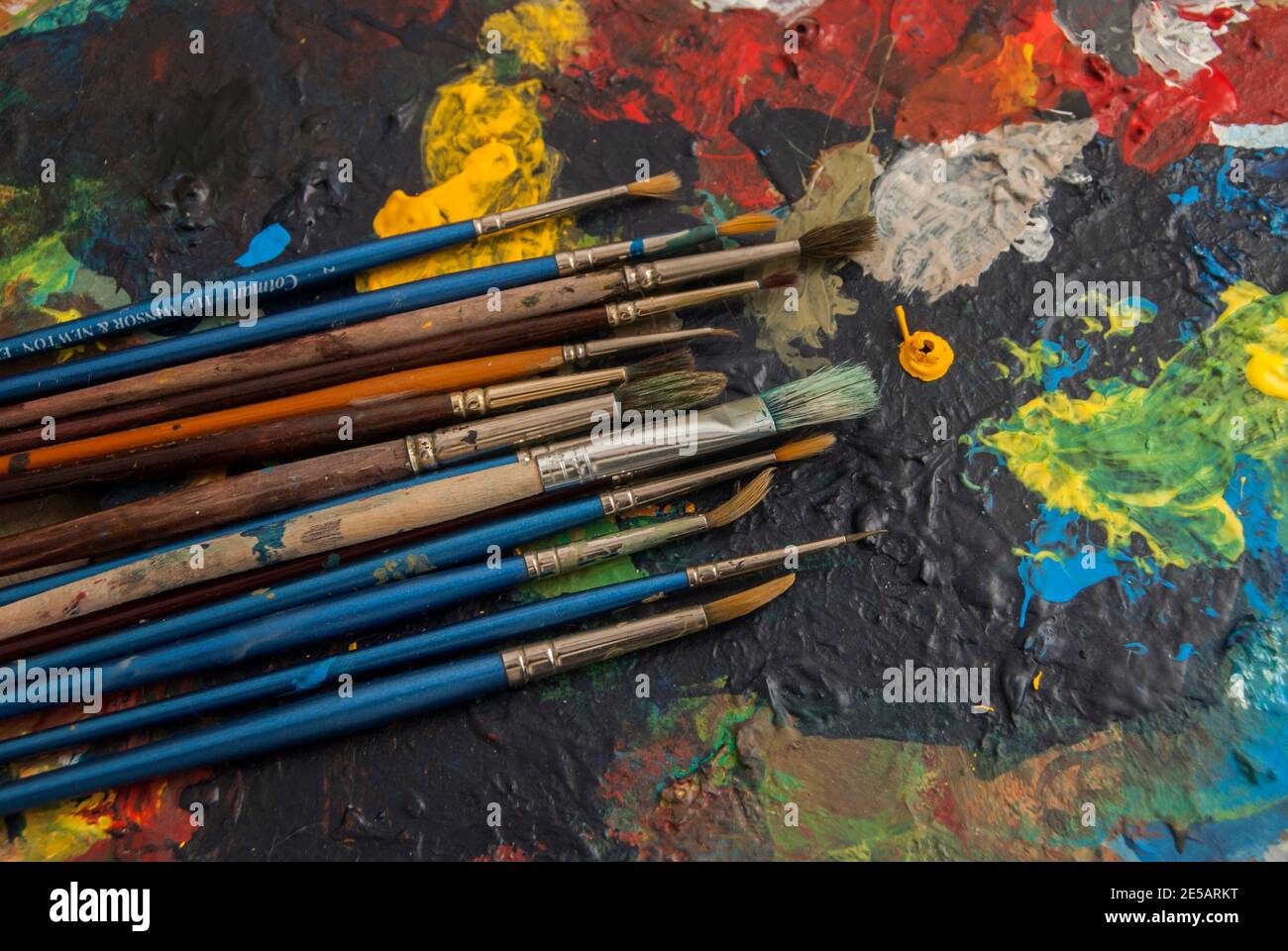 Utilizzato diversi tipi di pennelli di vernice su colorato closeup di tavolozza atrist Foto Stock