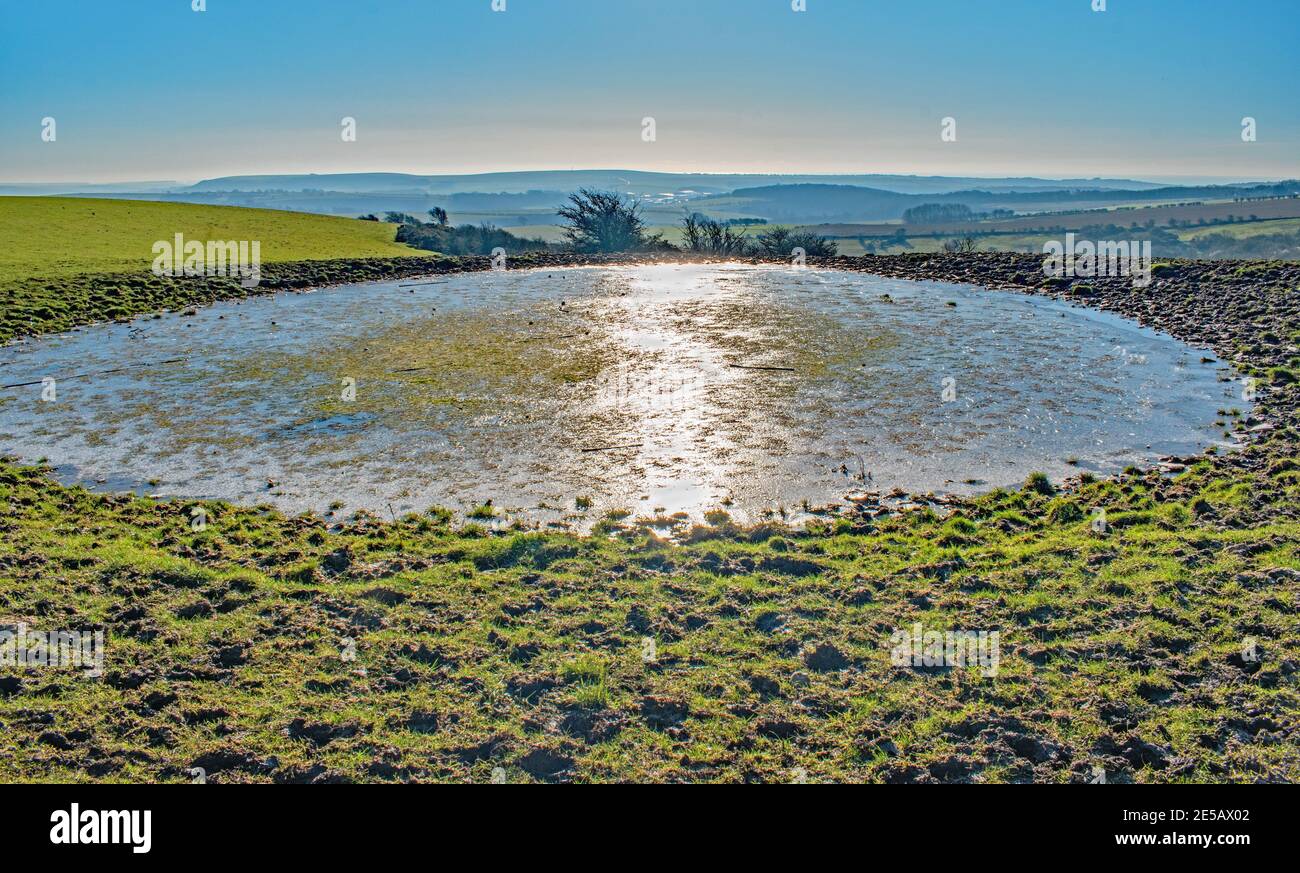 Il sole invernale si riflette su Ditchling Beacon stagno che divide la rugiada laghetto in due Foto Stock