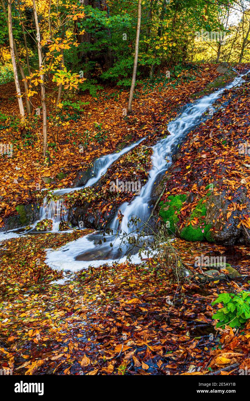 Una cascata che scende a Himley Hall, Dudley Foto Stock